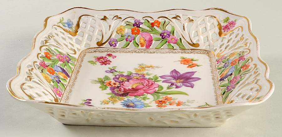 Dresden Line-Bouquet (Pierced) 8" Large Square Bon Bon by Schumann - Bavaria-1