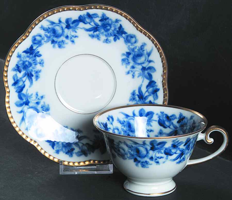 Cobalt Rose Footed Cup & Saucer Set by Schumann - Bavaria-1