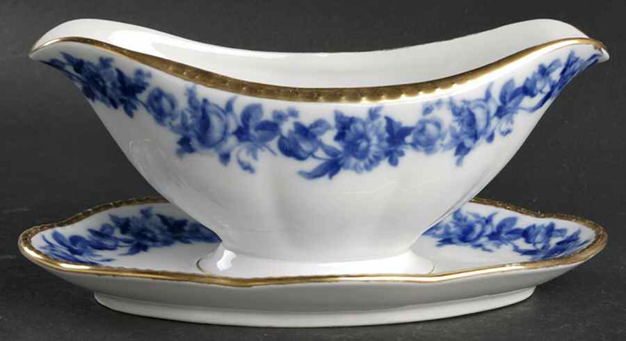 Cobalt Rose Gravy Boat with Attached Underplate by Schumann - Bavaria-1
