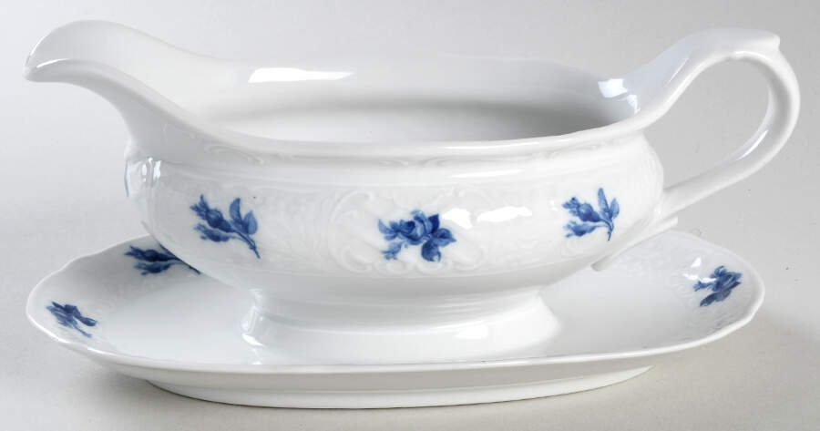 Cobalt Rose (No Trim or Inner Band) Gravy Boat with Attached Underplate by Schumann - Bavaria-1