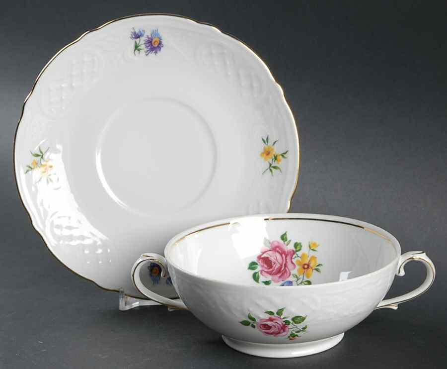 Dresden Bouquet Footed Cream Soup Bowl & Saucer Set by Schumann - Bavaria-1