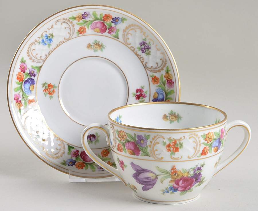 Empress Dresden Flowers Flat Bouillon Cup & Saucer by Schumann - Bavaria-1
