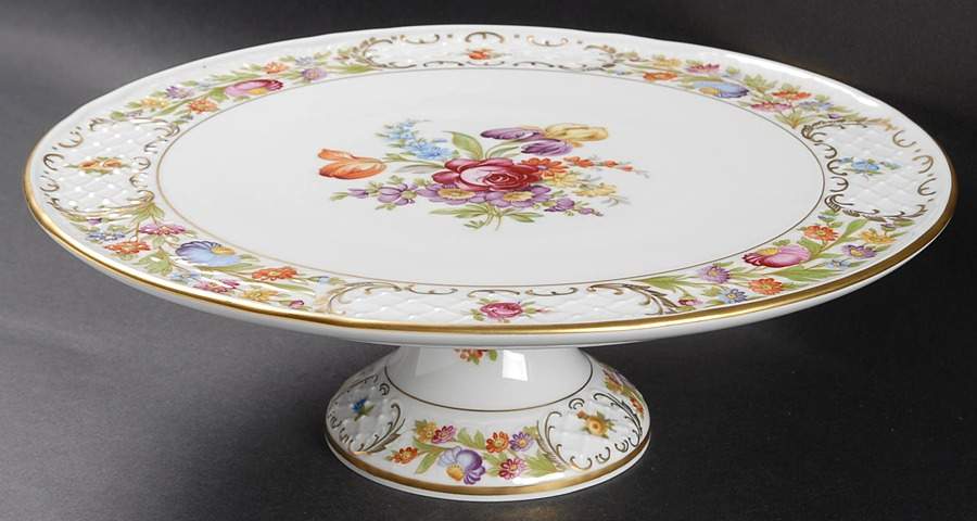 Empress Dresden Flowers 12" Diameter Pedestal Cake Stand by Schumann - Bavaria-1