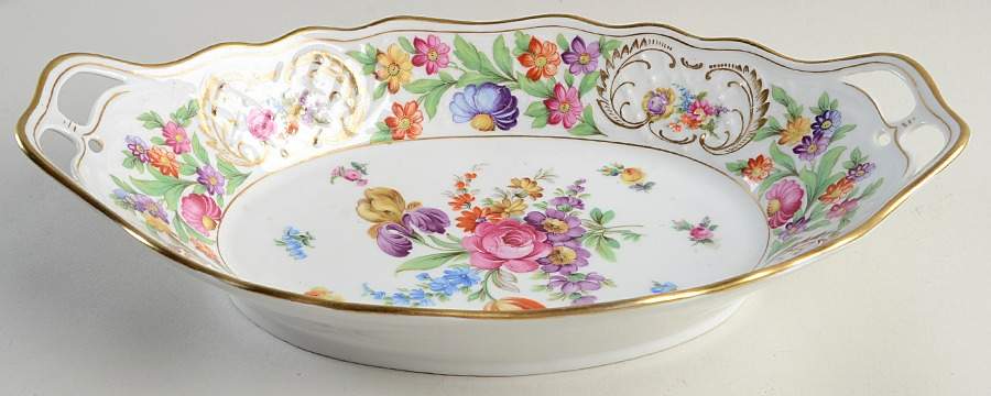 Empress Dresden Flowers 13" Oval Handled Bowl by Schumann - Bavaria-1
