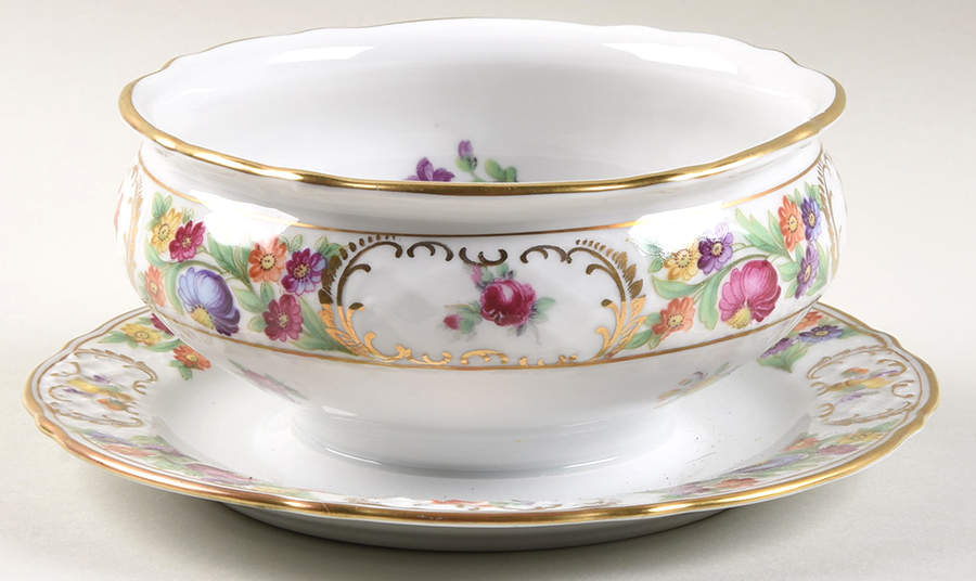 Empress Dresden Flowers Round Gravy Boat/Attached Underplate by Schumann - Bavaria-1