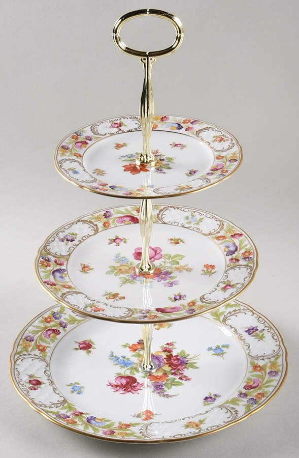 Empress Dresden Flowers 13 7/8"-14 1/4" 3-Tiered Serving Tray(DP,SP,BB) HC by Schumann - Bavaria-1