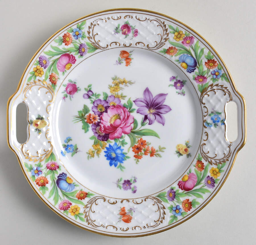 Empress Dresden Flowers Handled Cake Plate by Schumann - Bavaria-1