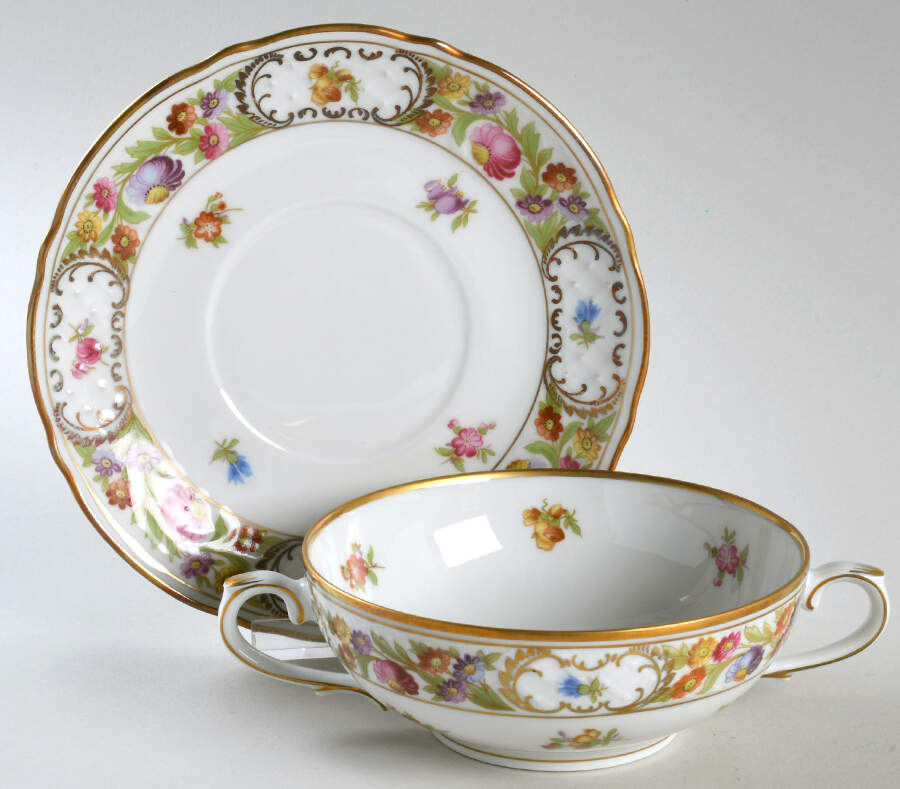 Empress Dresden Flowers Flat Cream Soup Bowl & Saucer Set by Schumann - Bavaria-1