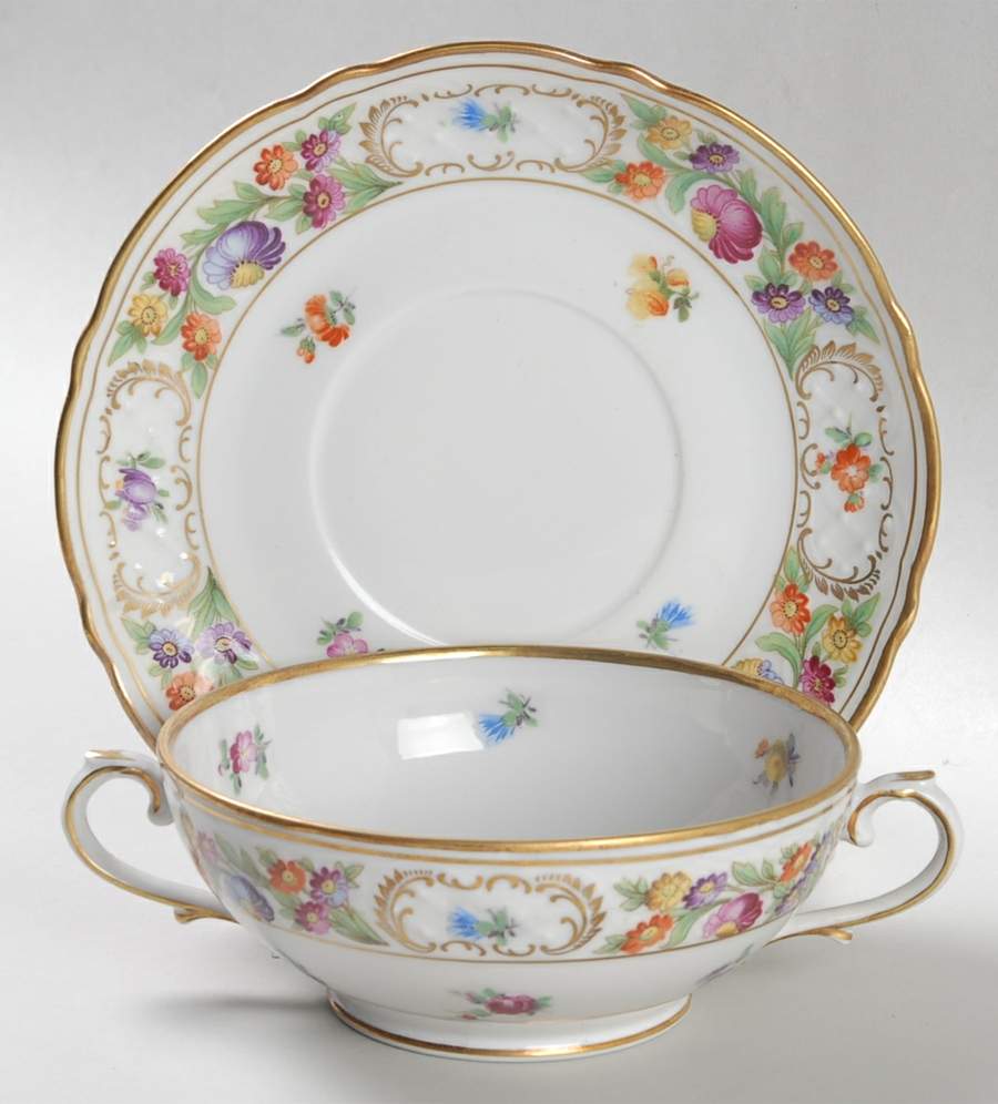 Empress Dresden Flowers Footed Cream Soup Bowl & Saucer Set by Schumann - Bavaria-1