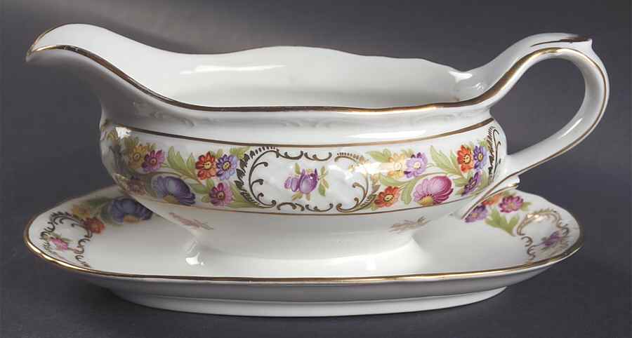 Empress Dresden Flowers Gravy Boat with Attached Underplate by Schumann - Bavaria-1
