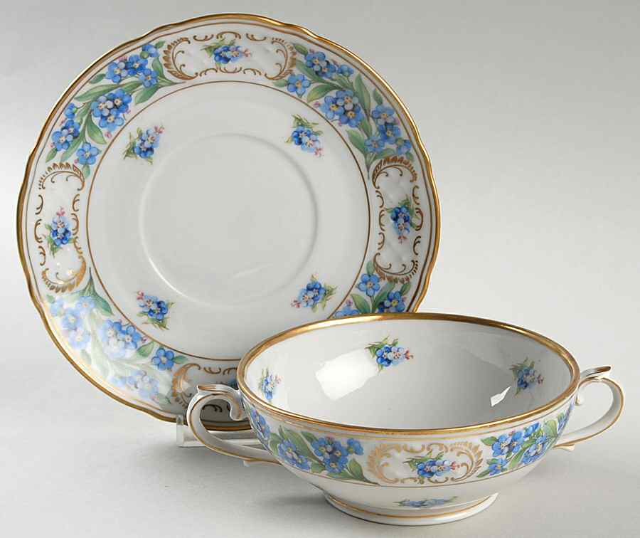 Forget Me Not (Rim, Not Pierced) Footed Cream Soup Bowl & Saucer Set by Schumann - Bavaria-1