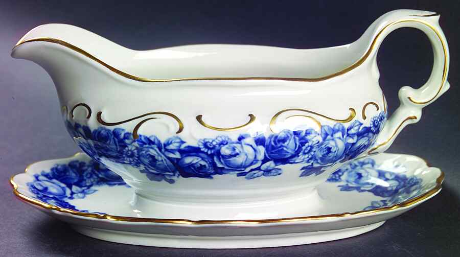 Heirloom Blue Gravy Boat with Attached Underplate by Schumann - Bavaria-1