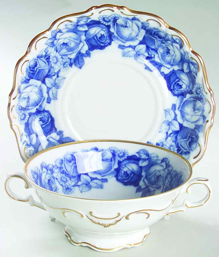 Heirloom Blue Footed Cream Soup Bowl & Saucer Set by Schumann - Bavaria-1