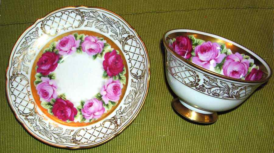 Meissen Rose Footed Cup & Saucer Set by Schumann - Bavaria-1