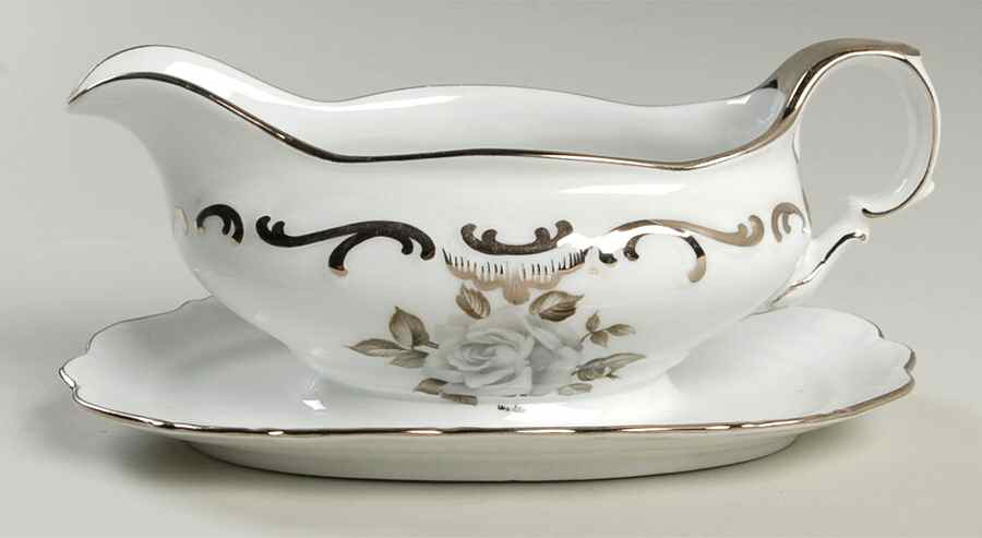 Moon Rose Gravy Boat with Attached Underplate by Schumann - Bavaria-1