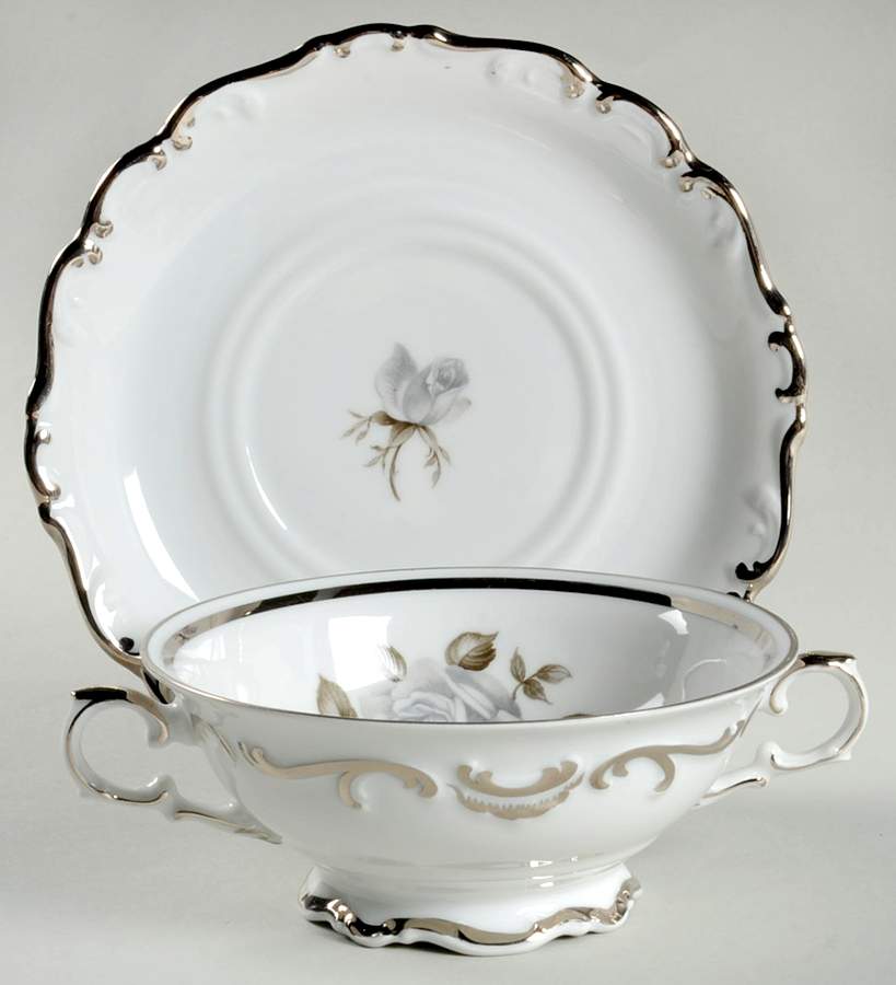 Moon Rose Footed Cream Soup Bowl & Saucer Set by Schumann - Bavaria-1