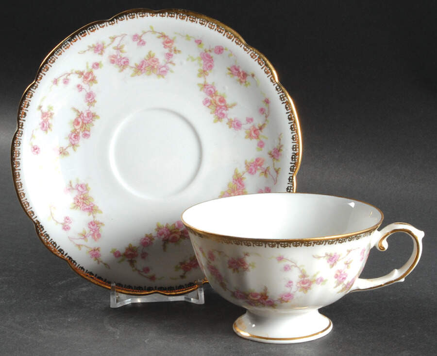 Original Bridal Rose Footed Cup & Saucer Set by Schumann - Bavaria-1