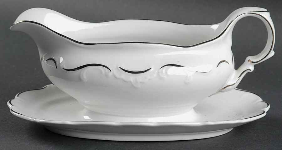 Platinum Scroll Gravy Boat with Attached Underplate by Schumann - Bavaria-1