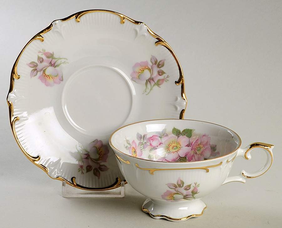 Wild Rose Scalloped (Coupe) Footed Cup & Saucer Set by Schumann - Bavaria-1