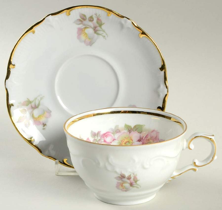 Wild Rose Scalloped (Coupe) Flat Cup & Saucer Set by Schumann - Bavaria-1