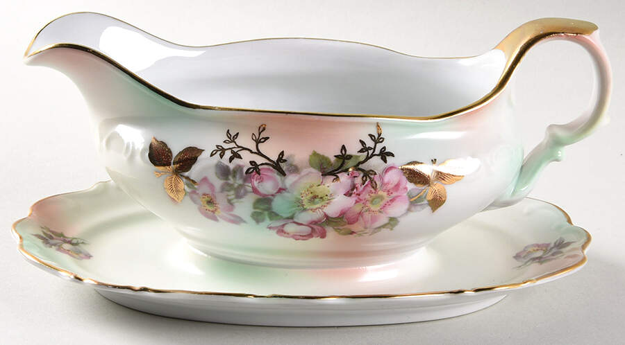 Wild Rose (Scallop, Rim, Embossed) Gravy Boat with Attached Underplate by Schumann - Bavaria-1