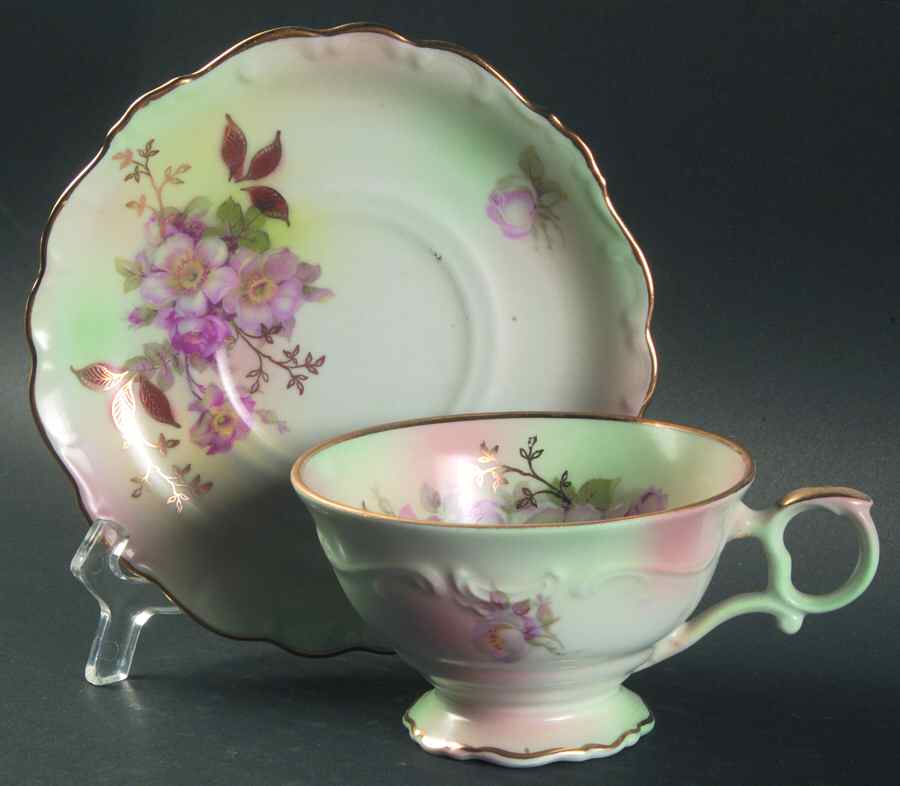 Wild Rose (Scallop, Rim, Embossed) Footed Cup & Saucer Set by Schumann - Bavaria-1