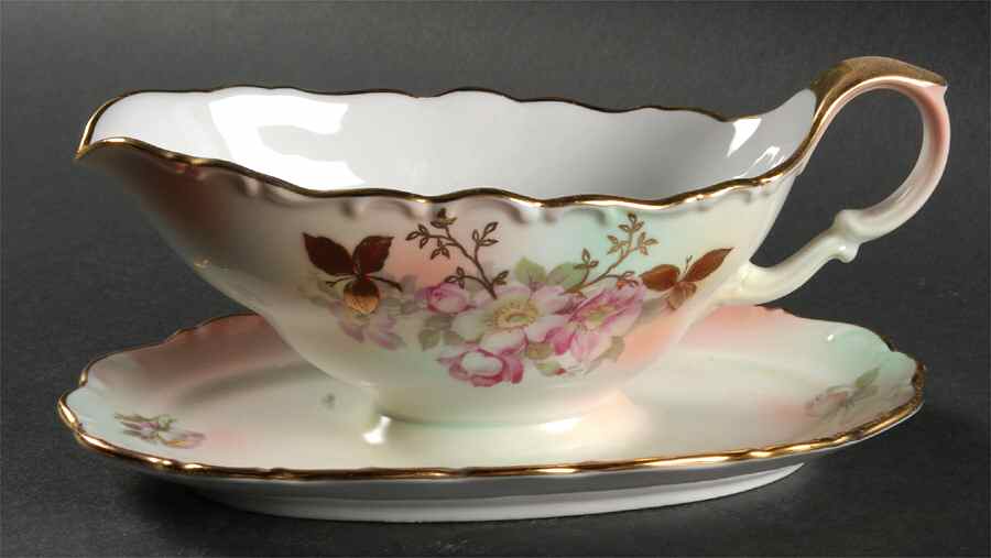Wild Rose (Scallop, Rim, Embossed) Gravy Boat with Attached Underplate by Schumann - Bavaria-1