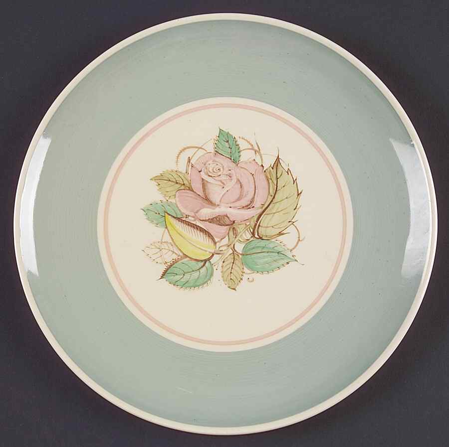 Patricia Rose Green (Green Rim, Pink Ring) Coupe Salad Plate by Susie Cooper-1