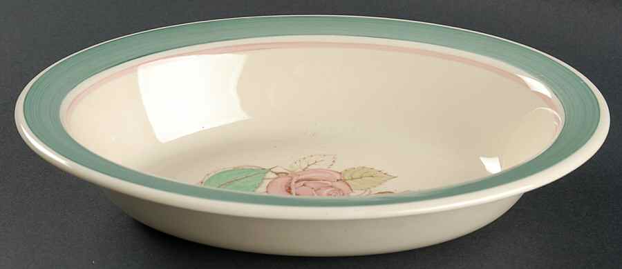 Patricia Rose Green (Green Rim, Pink Ring) 9" Oval Vegetable Bowl by Susie Cooper-1
