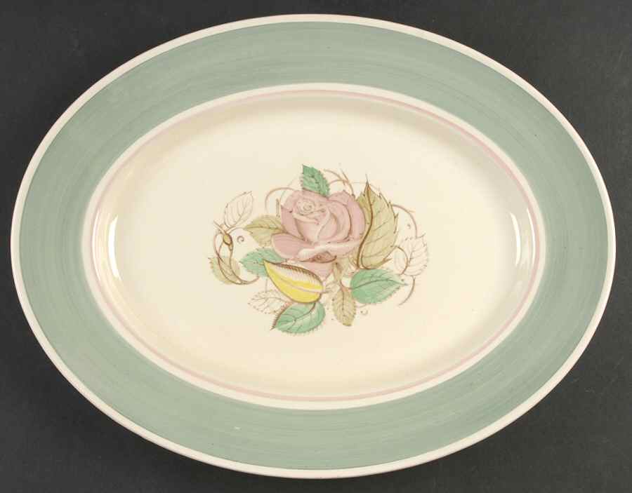 Patricia Rose Green (Green Rim, Pink Ring) 14" Oval Serving Platter by Susie Cooper-1