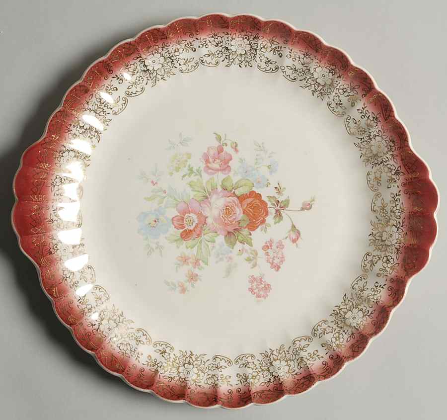 June Rose Mandarin Maroon Handled Cake Plate by Sebring Pottery-1