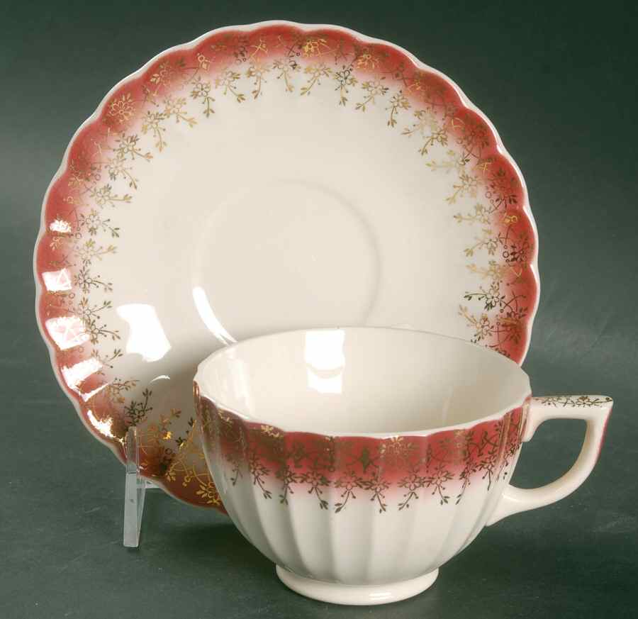 Tudor Gold Mandarin Maroon Footed Cup & Saucer Set by Sebring Pottery-1