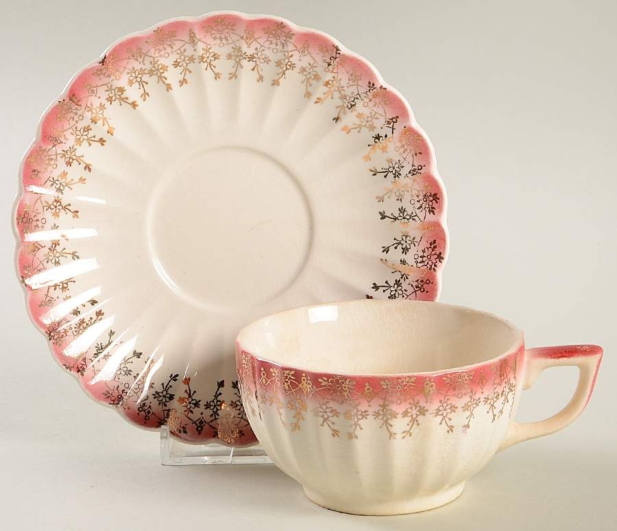Tudor Gold Mandarin Maroon Flat Cup & Saucer Set by Sebring Pottery-1