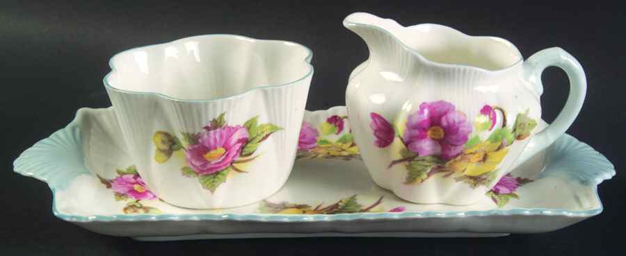 Begonia (Dainty Shape) Mini Creamer & Open Sugar with Tray by Shelley-1