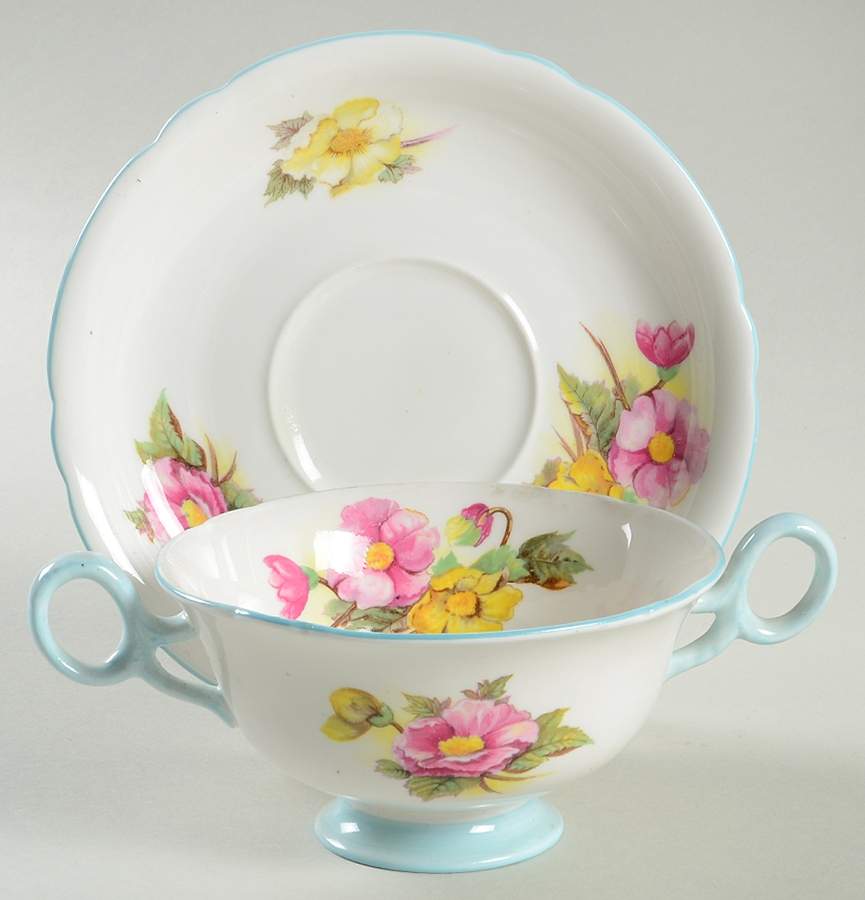 Begonia (Gainsborough) Footed Cream Soup Bowl & Saucer Set by Shelley-1