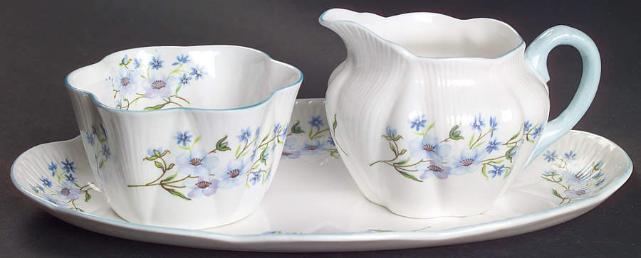 Blue Rock (Dainty Shape) Creamer & Open Sugar with Tray by Shelley-1