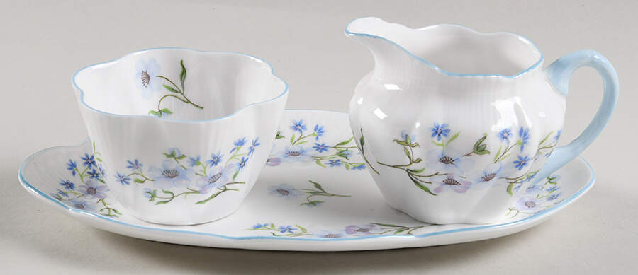Blue Rock (Dainty Shape) Individual Creamer & Open Sugar W/Tray by Shelley-1