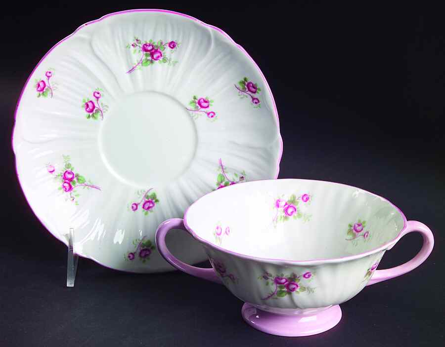 Bridal Rose (Oleander Shape) Footed Cream Soup Bowl & Saucer Set by Shelley-1