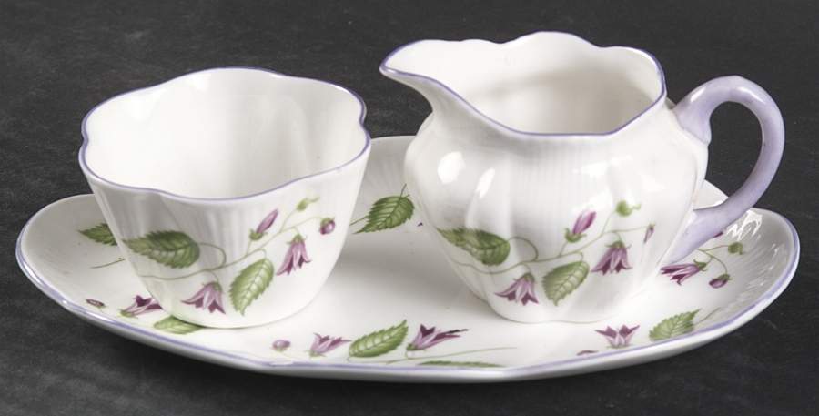 Campanula (Dainty) Individual Creamer & Open Sugar W/Tray by Shelley-1