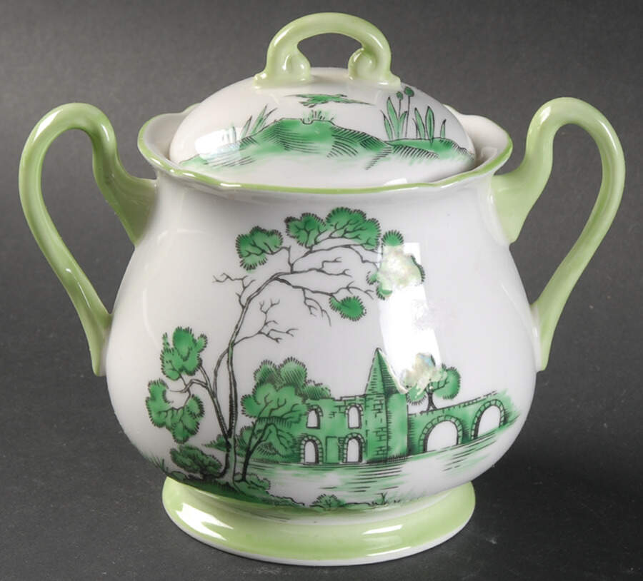 Castle Green (Green Trim) Sugar Bowl & Lid by Shelley-1
