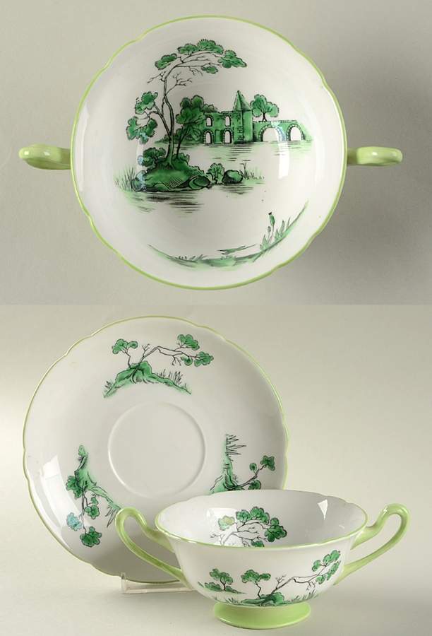 Castle Green (Green Trim) Footed Cream Soup Bowl & Saucer Set by Shelley-1