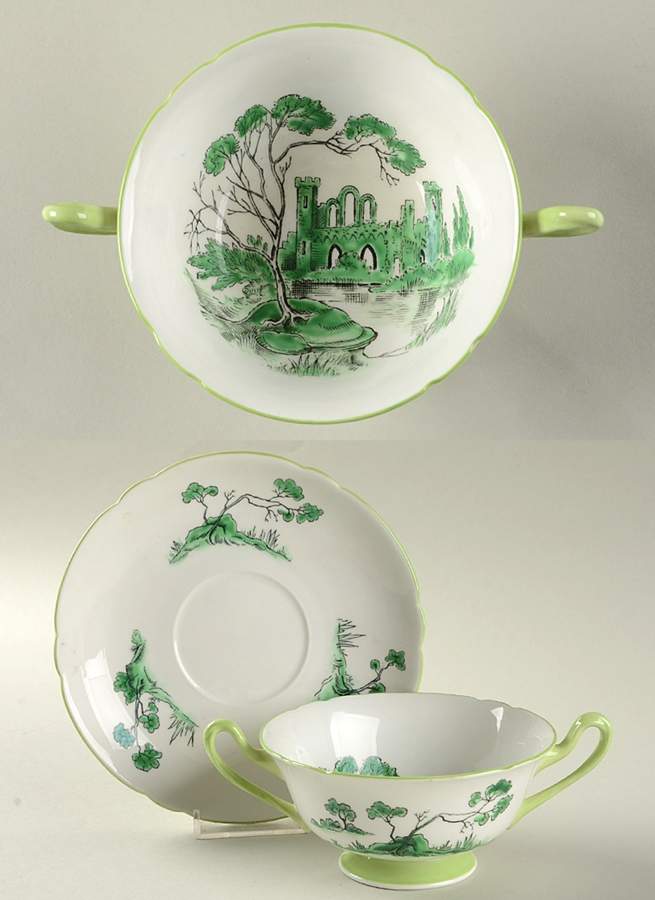 Castle Green (Green Trim) Footed Cream Soup Bowl & Saucer Set by Shelley-1