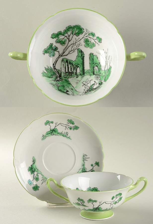 Castle Green (Green Trim) Footed Cream Soup Bowl & Saucer Set by Shelley-1