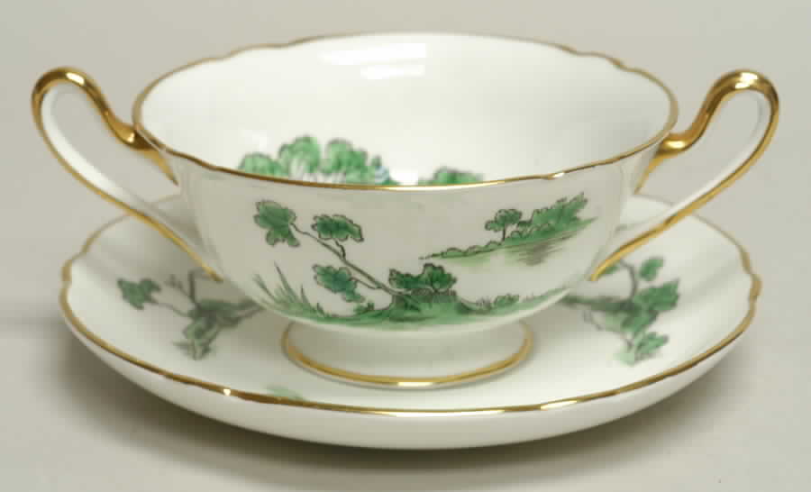 Castle Green (Gold Trim) Footed Cream Soup Bowl & Saucer Set by Shelley-1