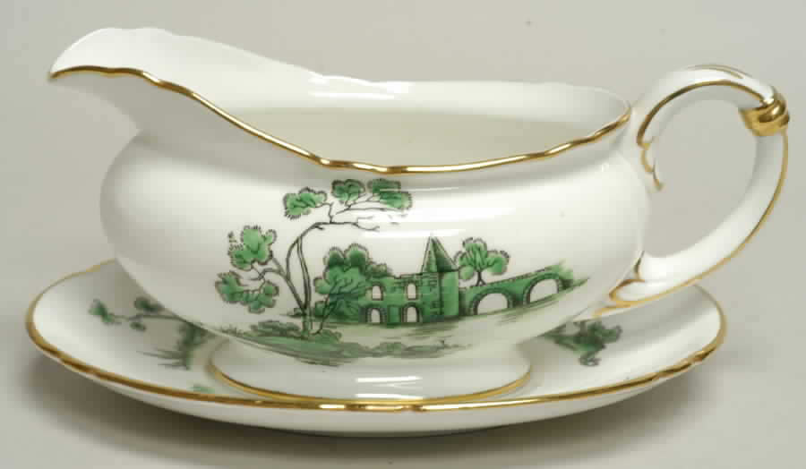 Castle Green (Gold Trim) Gravy Boat & Underplate by Shelley-1