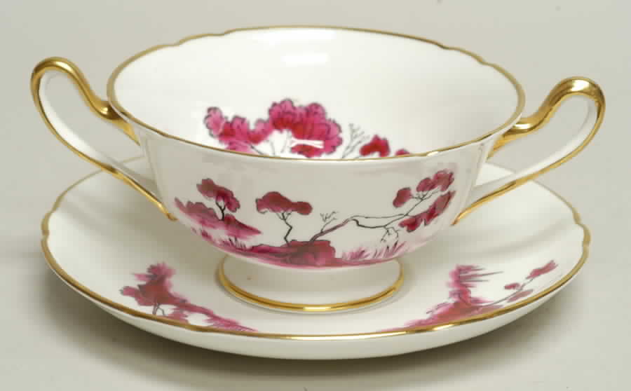 Castle Pink (Gold Trim) Footed Cream Soup Bowl & Saucer Set by Shelley-1