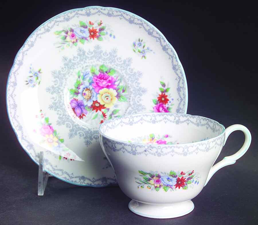 Crochet (Blue Trim) Footed Cup & Saucer Set by Shelley-1