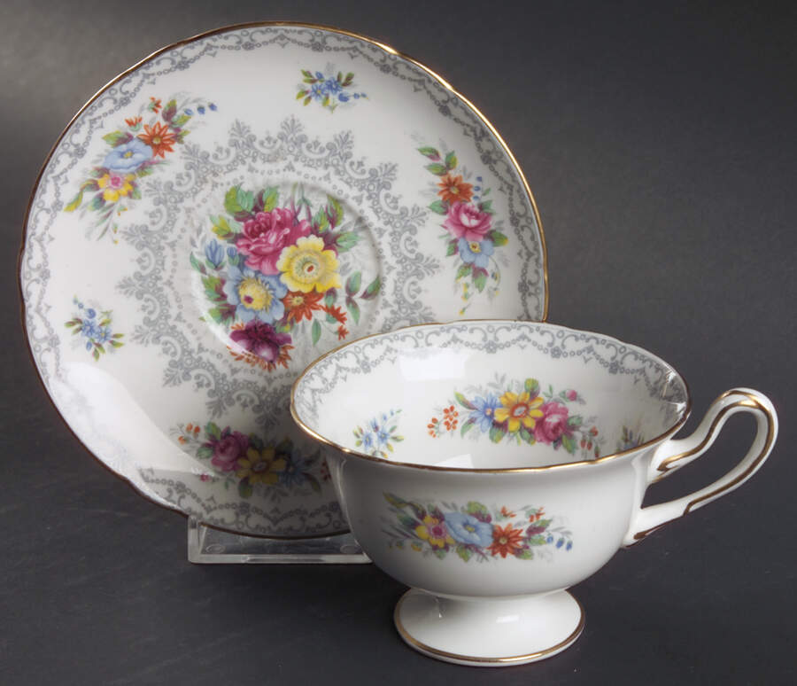 Crochet (Gold Trim) Footed Cup & Saucer Set by Shelley-1