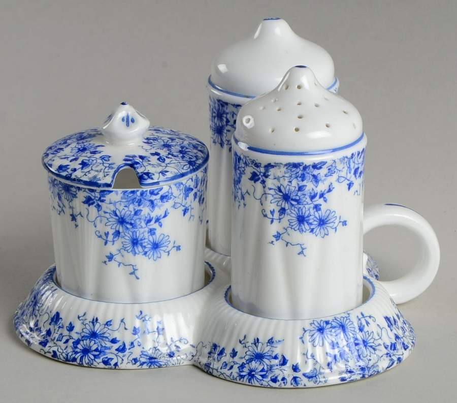 Dainty Blue Salt & Pepper, Mustard with Lid & Ceramic Tray by Shelley-1