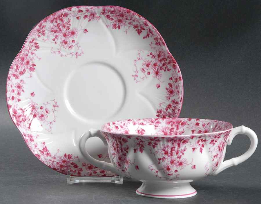 Dainty Pink Footed Cream Soup Bowl & Saucer Set by Shelley-1